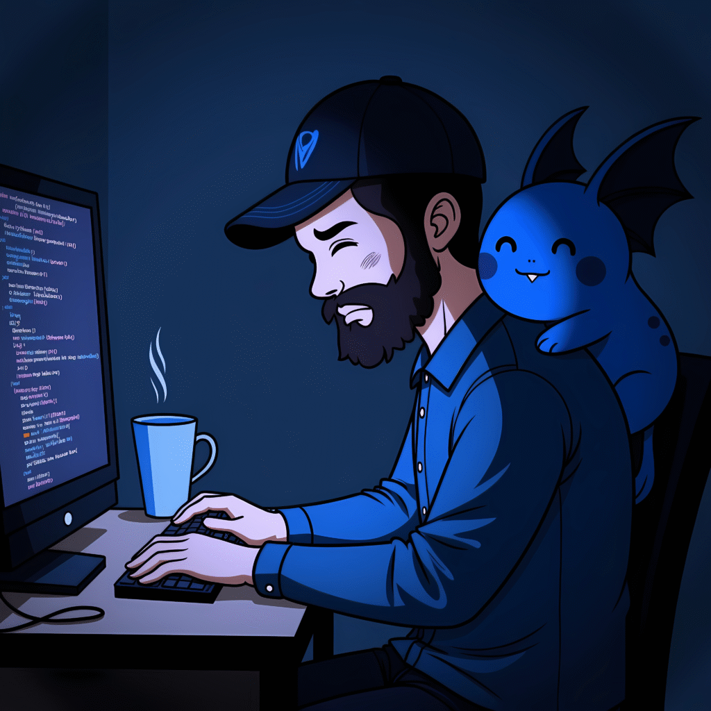 openart-tqg6q3edigry1nogrz6a-is-sitting-on-the-shoulder-of-a-visibly-burn-out-tired-hacker-man-in-baseball-hat-sitting-in-front-of-a-computer_FdecZKeT_upscaled